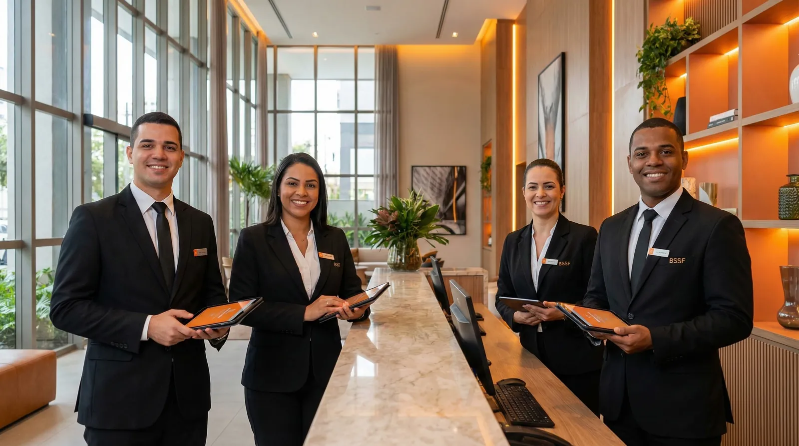 Quatro recepcionistas de terno preto, com crachá e tablet na mão, sorrindo em um lobby de mármore com estantes laranja